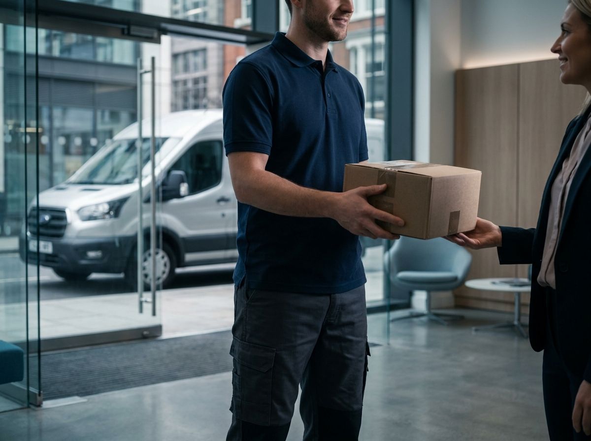 A courier handing a parcel to a customer beside a delivery van.