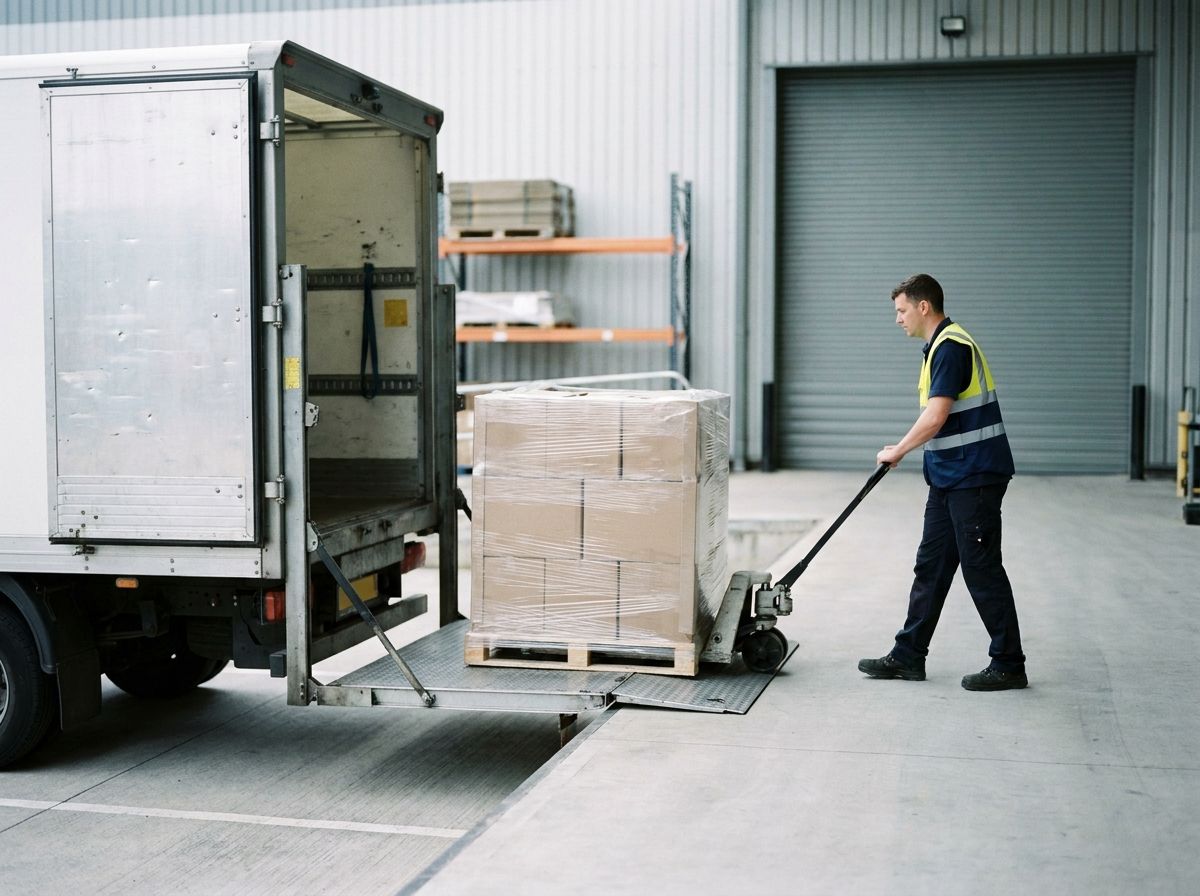 A worker rolling a shrink-wrapped pallet onto a truck lift gate.